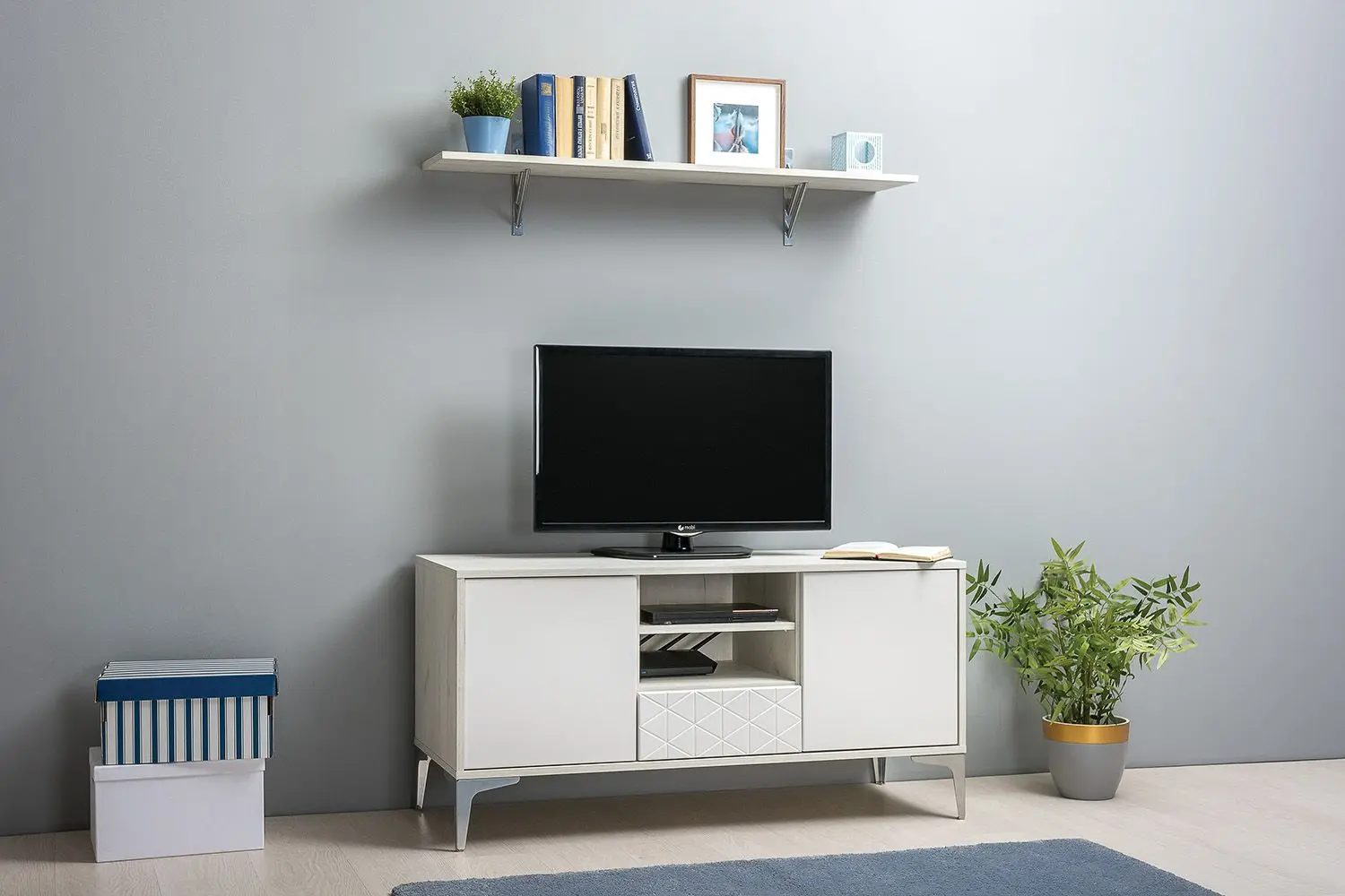 Тумба РТВ Mobi Марципан 13.265 (Дуб Крафт Белый/Шагрень Платина) - 5