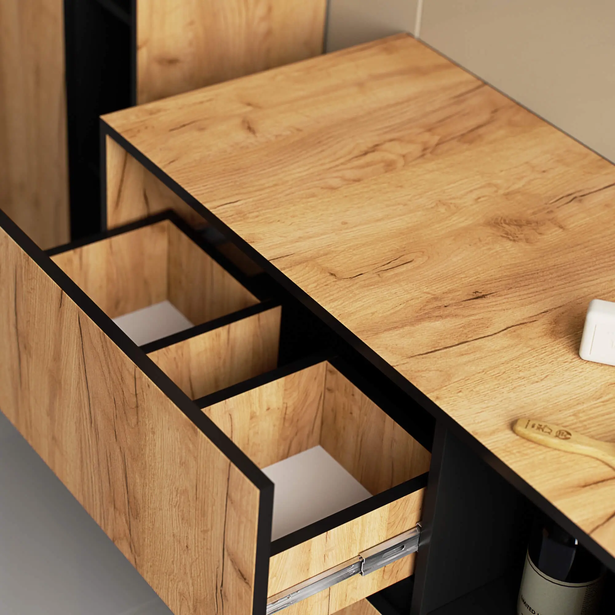 Dulap sub lavoar Akord Vami 90cm 2SZ 2P (Craft Oak/Black Matte)