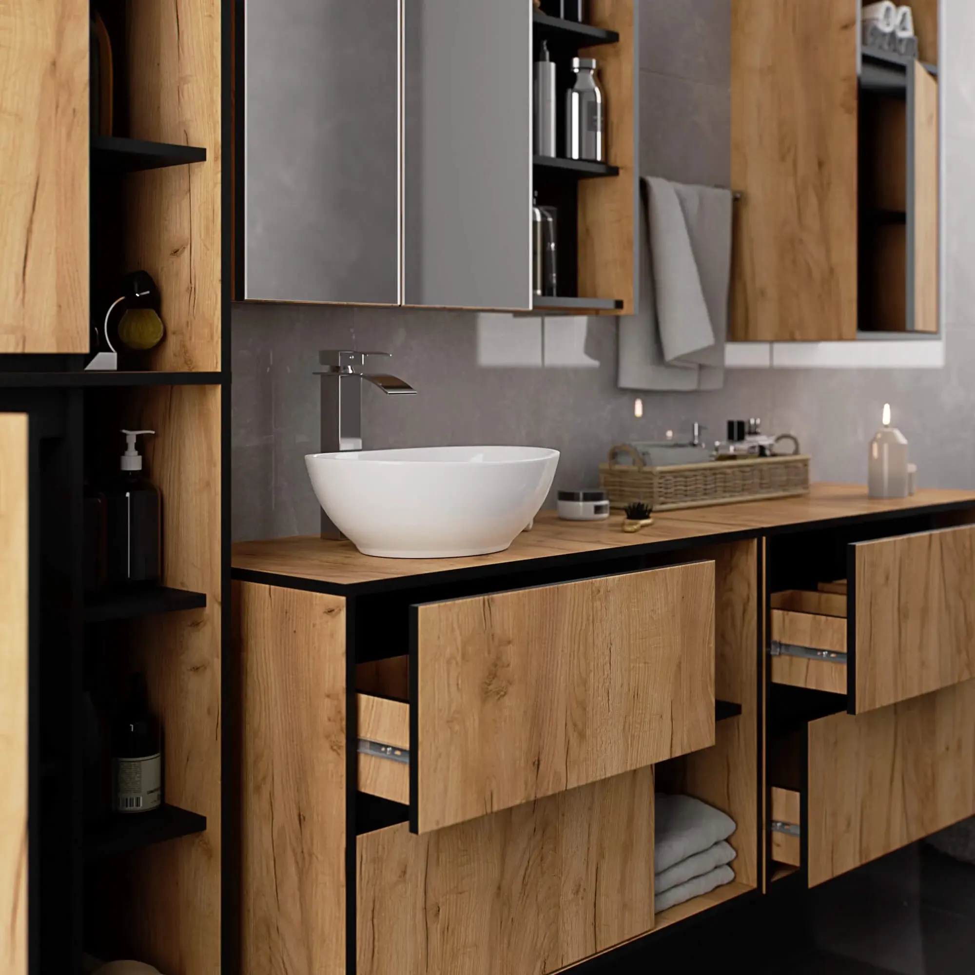 Dulap sub lavoar Akord Vami 90cm 2SZ 2P (Craft Oak/Black Matte)