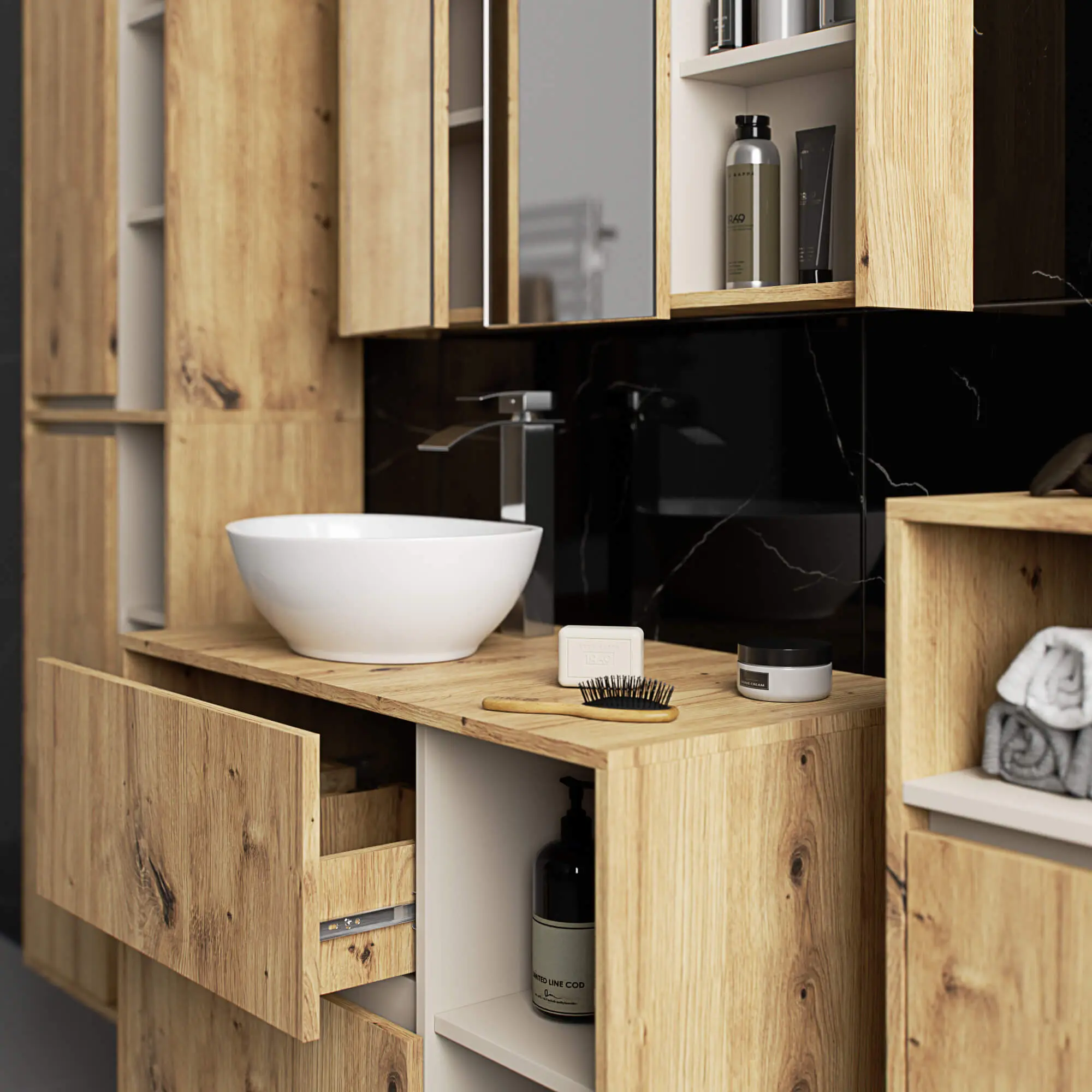 Dulap sub lavoar Akord Vami 90cm 2SZ 2P cu orificii pentru lavoar (Artisan Oak/Cashmere)