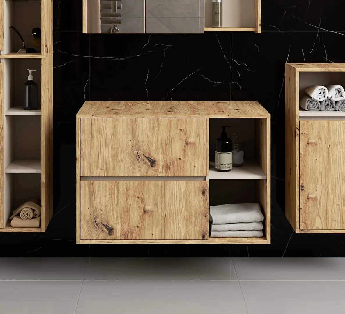 Dulap sub lavoar Akord Vami 90cm 2SZ 2P cu orificii pentru lavoar (Artisan Oak/Cashmere)