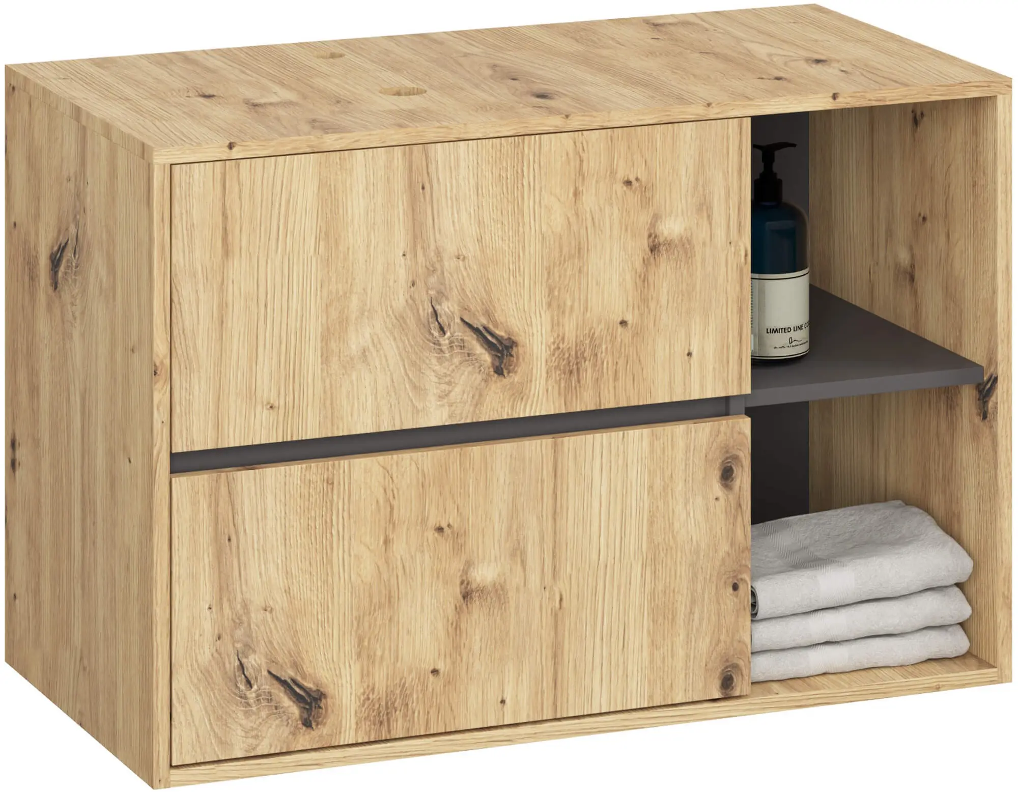 Dulap sub lavoar Akord Vami 90cm 2SZ 2P cu orificii pentru lavoar (Artisan Oak/Graphite Grey)