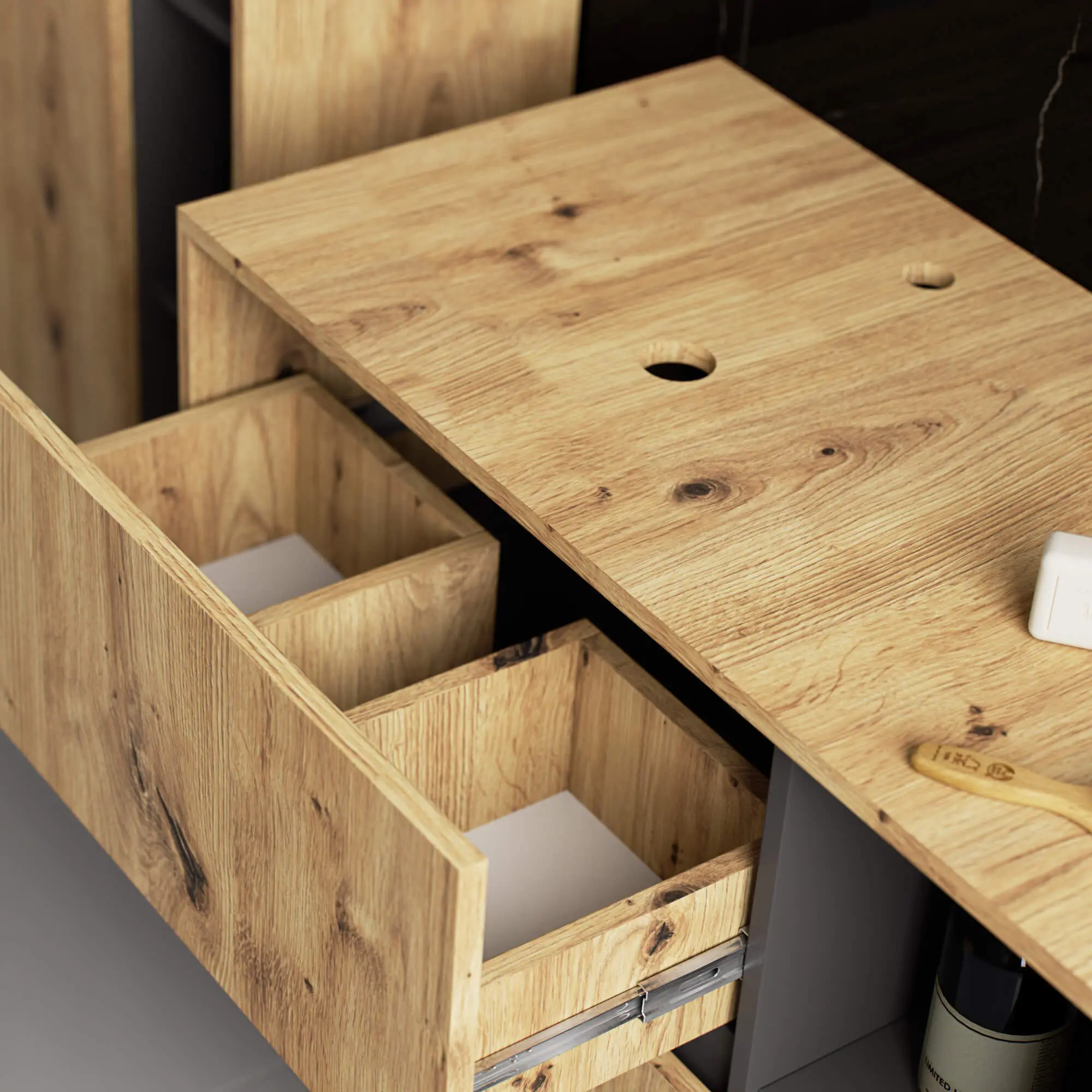 Dulap sub lavoar Akord Vami 90cm 2SZ 2P cu orificii pentru lavoar (Artisan Oak/Graphite Grey)