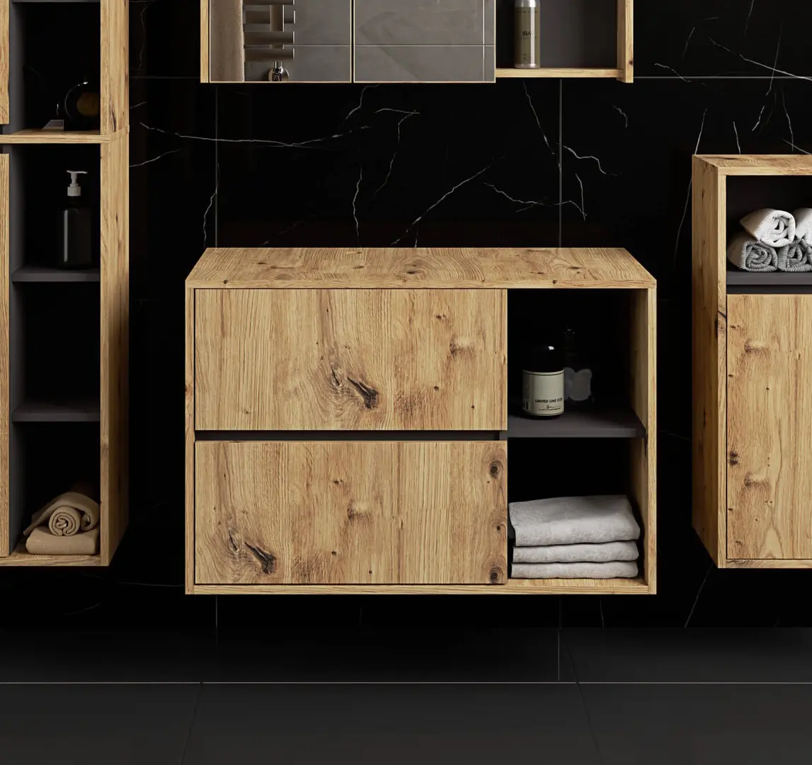 Dulap sub lavoar Akord Vami 90cm 2SZ 2P cu orificii pentru lavoar (Artisan Oak/Graphite Grey)