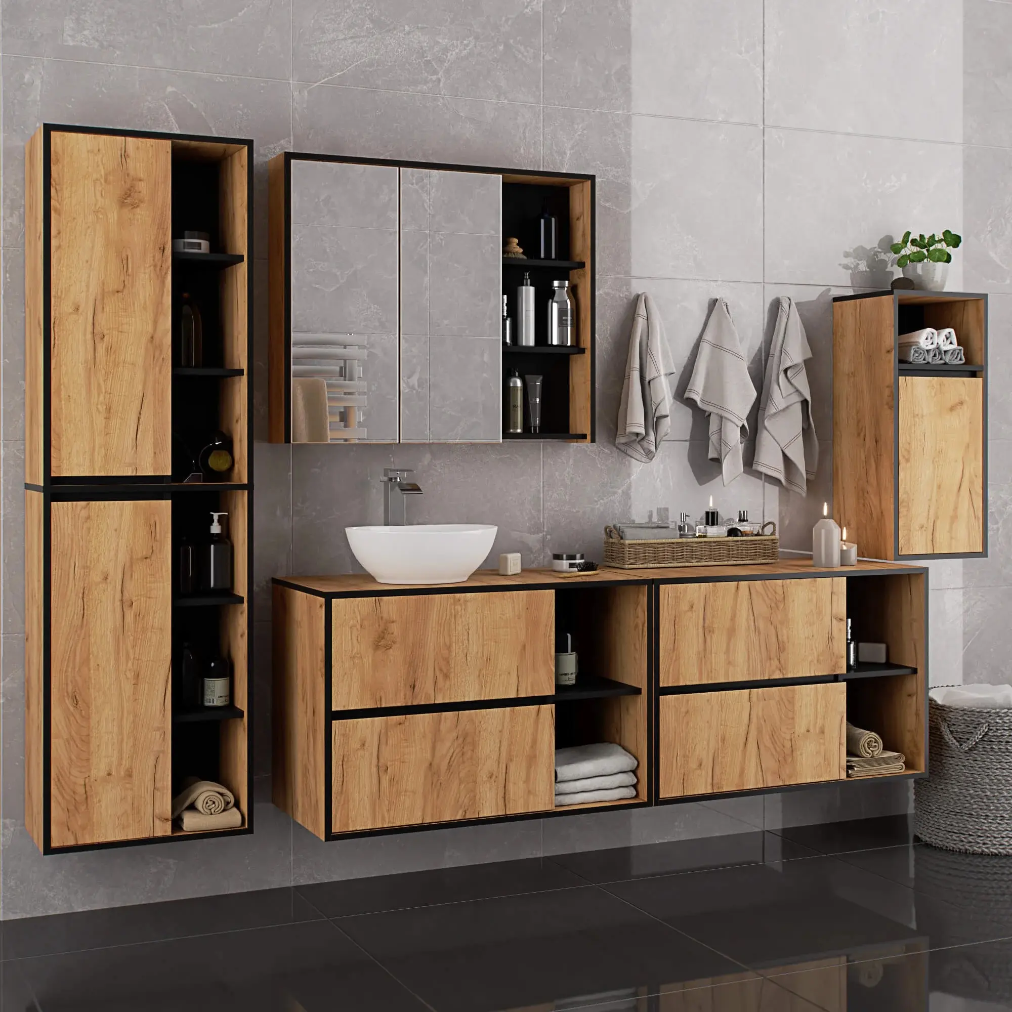 Dulap sub lavoar Akord Vami 90cm 2SZ 2P cu orificii pentru lavoar (Craft Oak/Black)