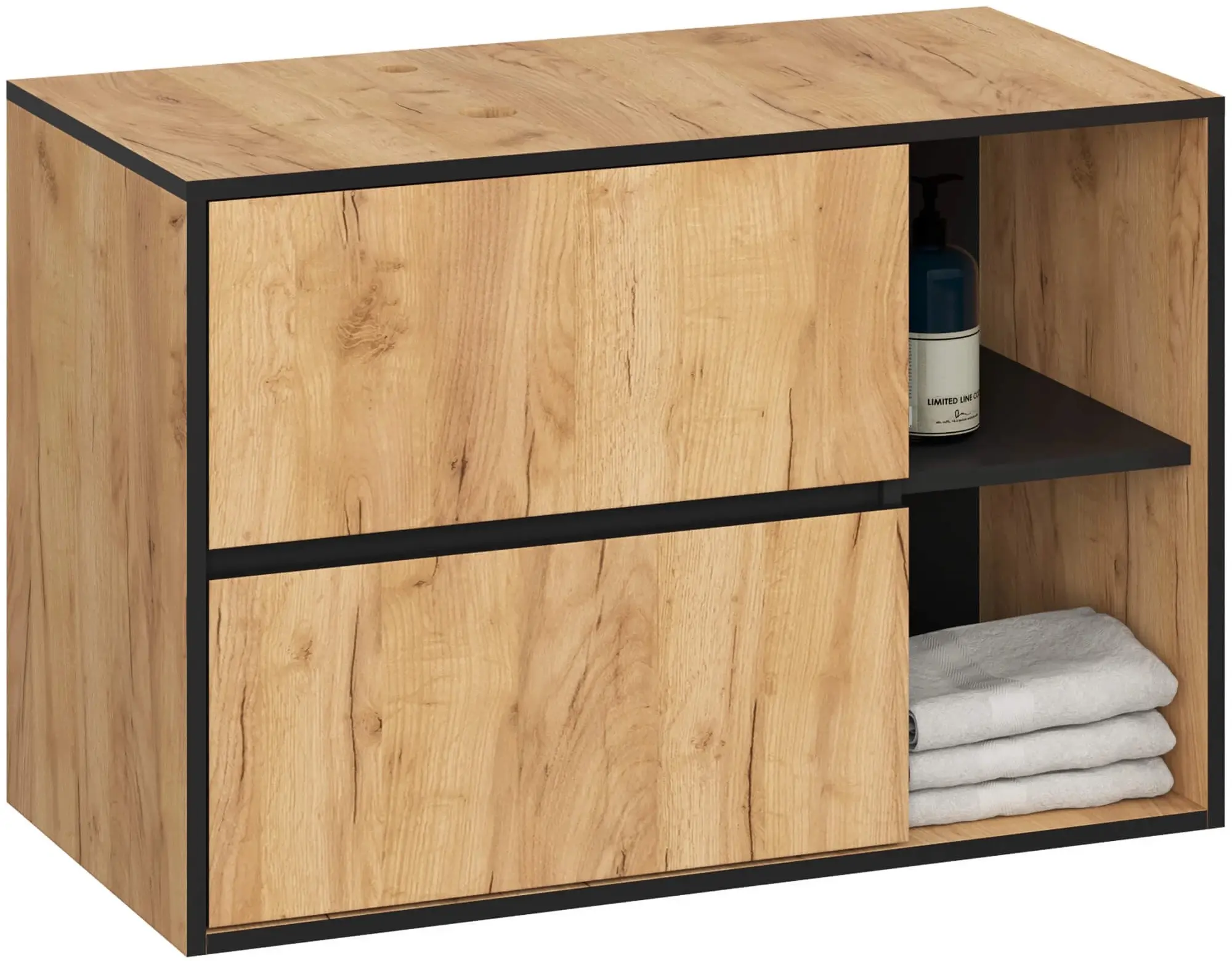 Dulap sub lavoar Akord Vami 90cm 2SZ 2P cu orificii pentru lavoar (Craft Oak/Black)