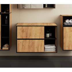 Dulap sub lavoar Akord Vami 90cm 2SZ 2P cu orificii pentru lavoar (Craft Oak/Black)
