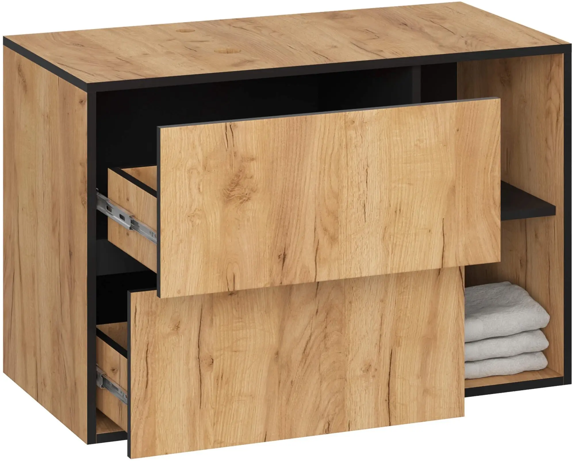 Dulap sub lavoar Akord Vami 90cm 2SZ 2P cu orificii pentru lavoar (Craft Oak/Black)