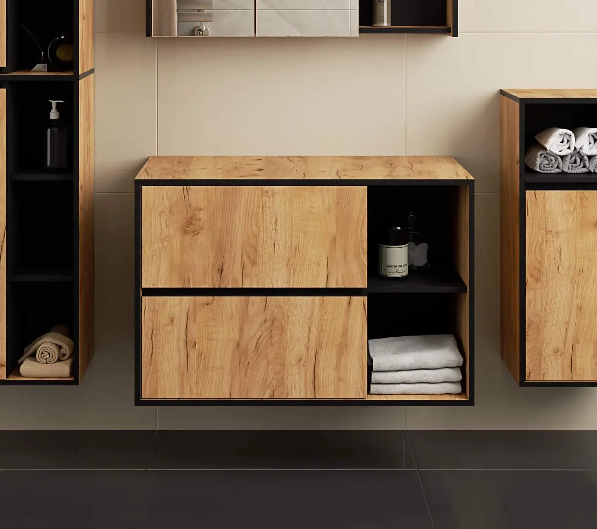 Dulap sub lavoar Akord Vami 90cm 2SZ 2P cu orificii pentru lavoar (Craft Oak/Black)