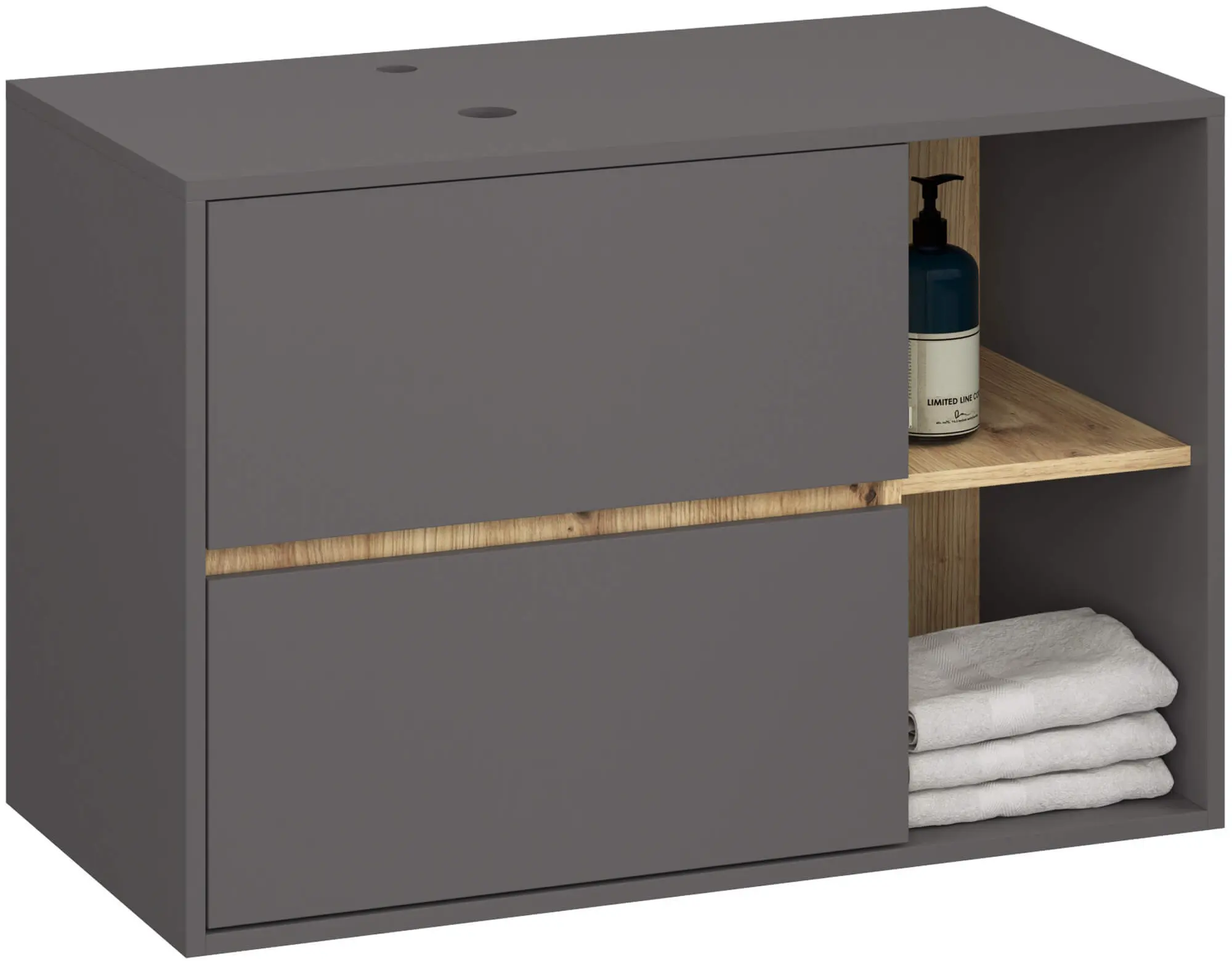 Dulap sub lavoar Akord Vami 90cm 2SZ 2P cu orificii pentru lavoar (Graphite Grey/Artisan Oak)