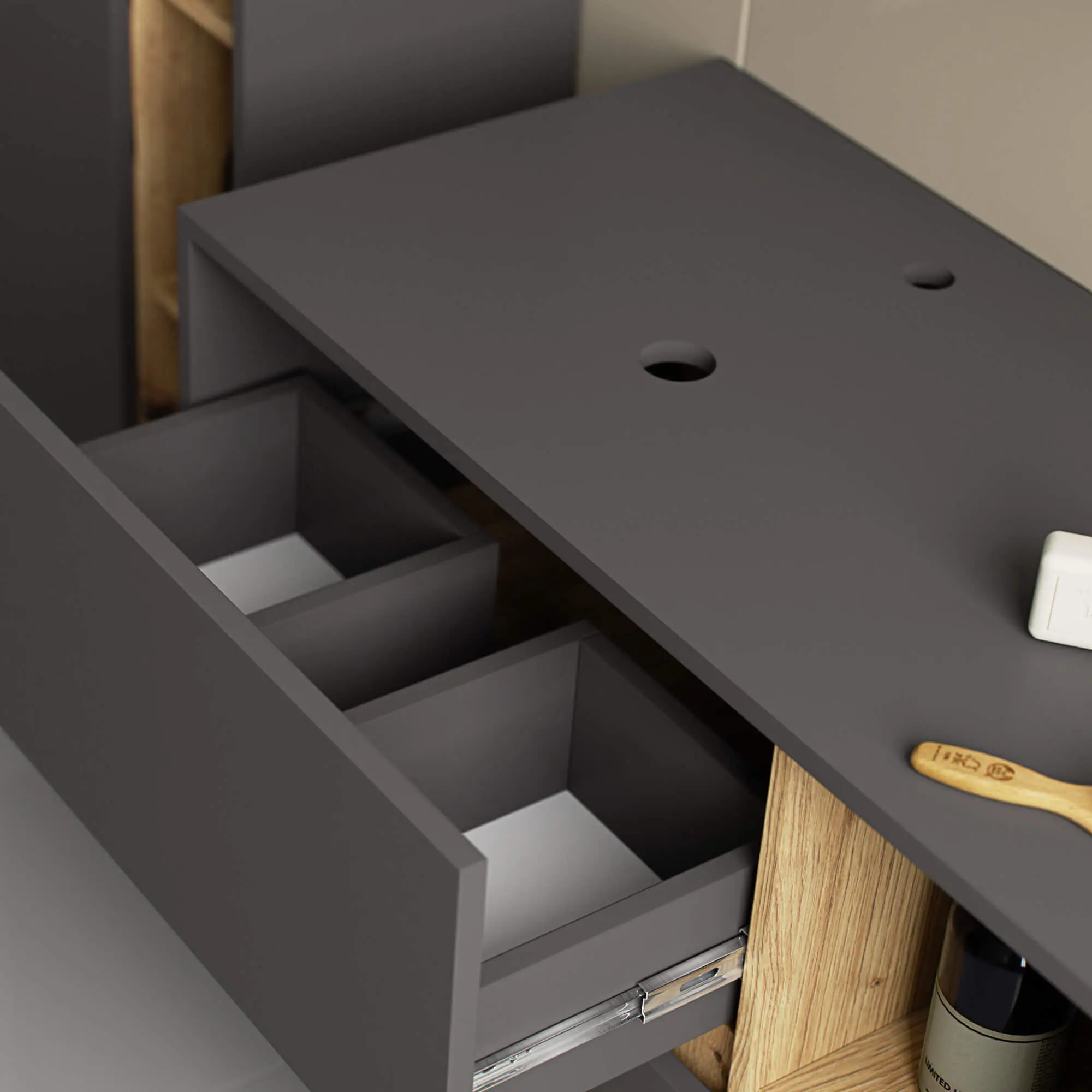 Dulap sub lavoar Akord Vami 90cm 2SZ 2P cu orificii pentru lavoar (Graphite Grey/Artisan Oak)