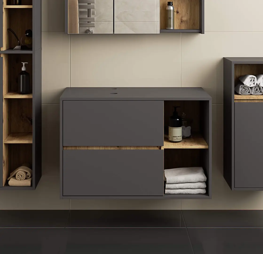 Dulap sub lavoar Akord Vami 90cm 2SZ 2P cu orificii pentru lavoar (Graphite Grey/Artisan Oak)