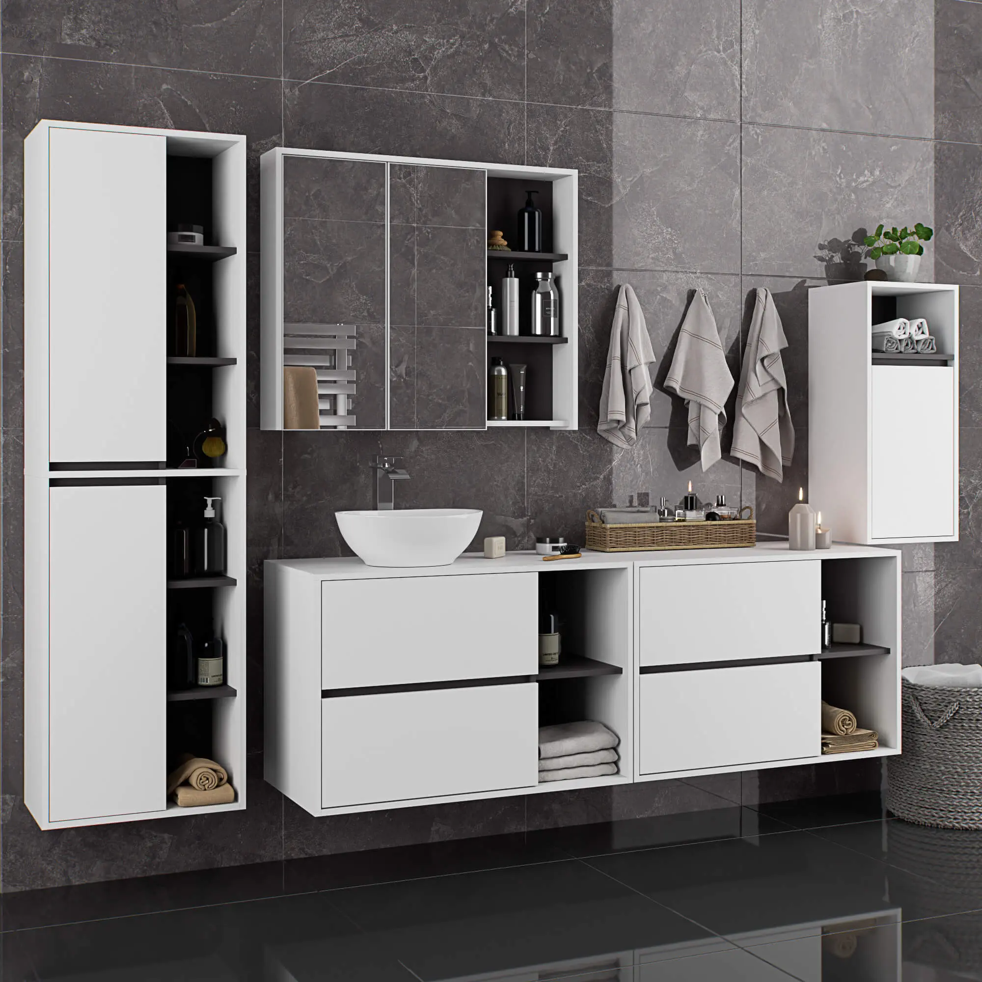 Dulap sub lavoar Akord Vami 90cm 2SZ 2P cu orificii pentru lavoar (White/Graphite Grey)