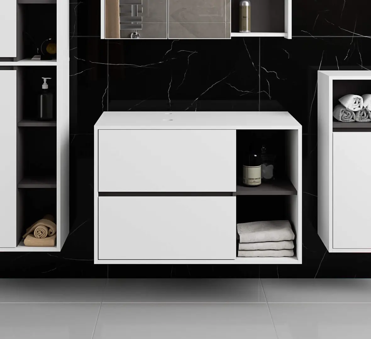 Dulap sub lavoar Akord Vami 90cm 2SZ 2P cu orificii pentru lavoar (White/Graphite Grey)