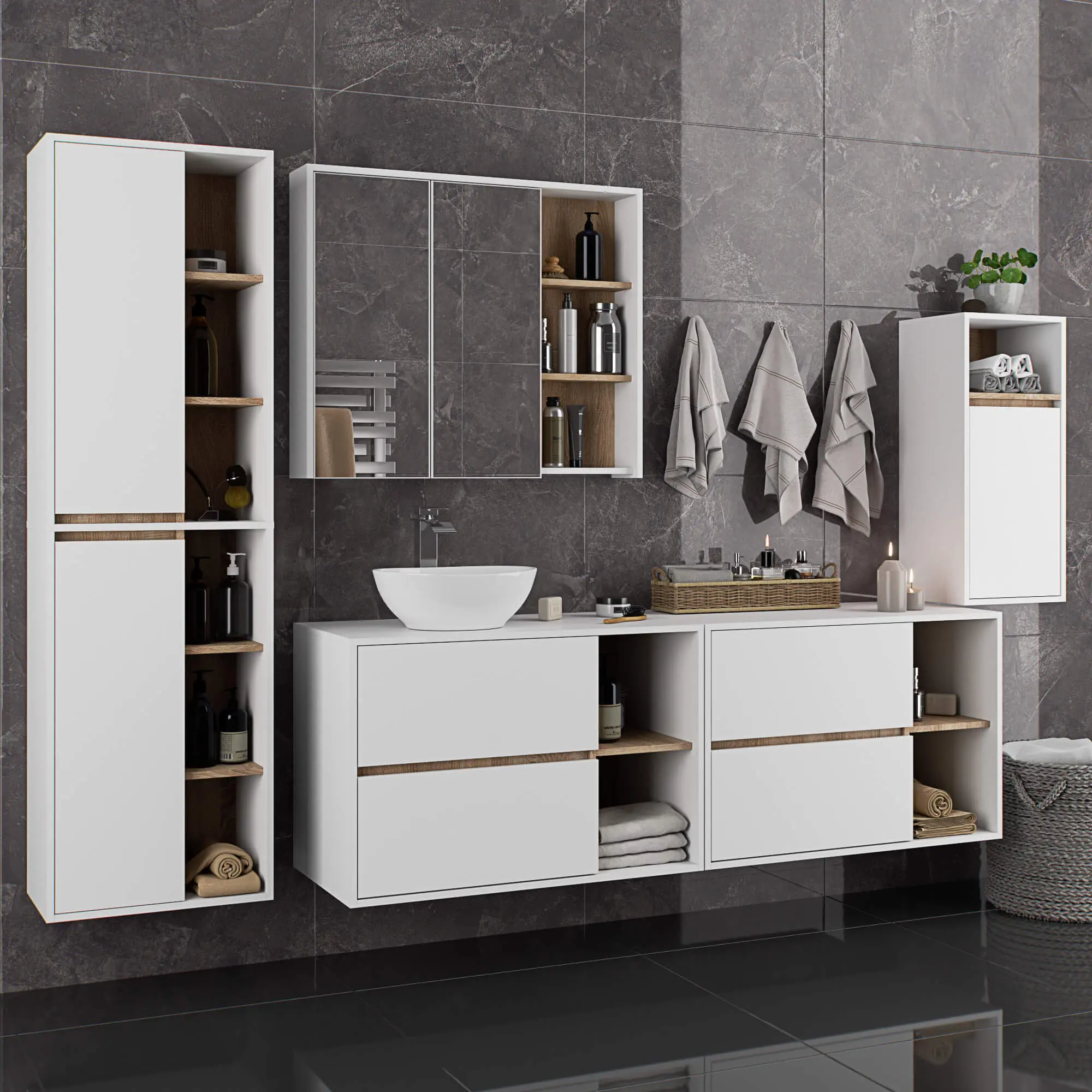 Dulap sub lavoar Akord Vami 90cm 2SZ 2P cu orificii pentru lavoar (White/Sonoma Oak)