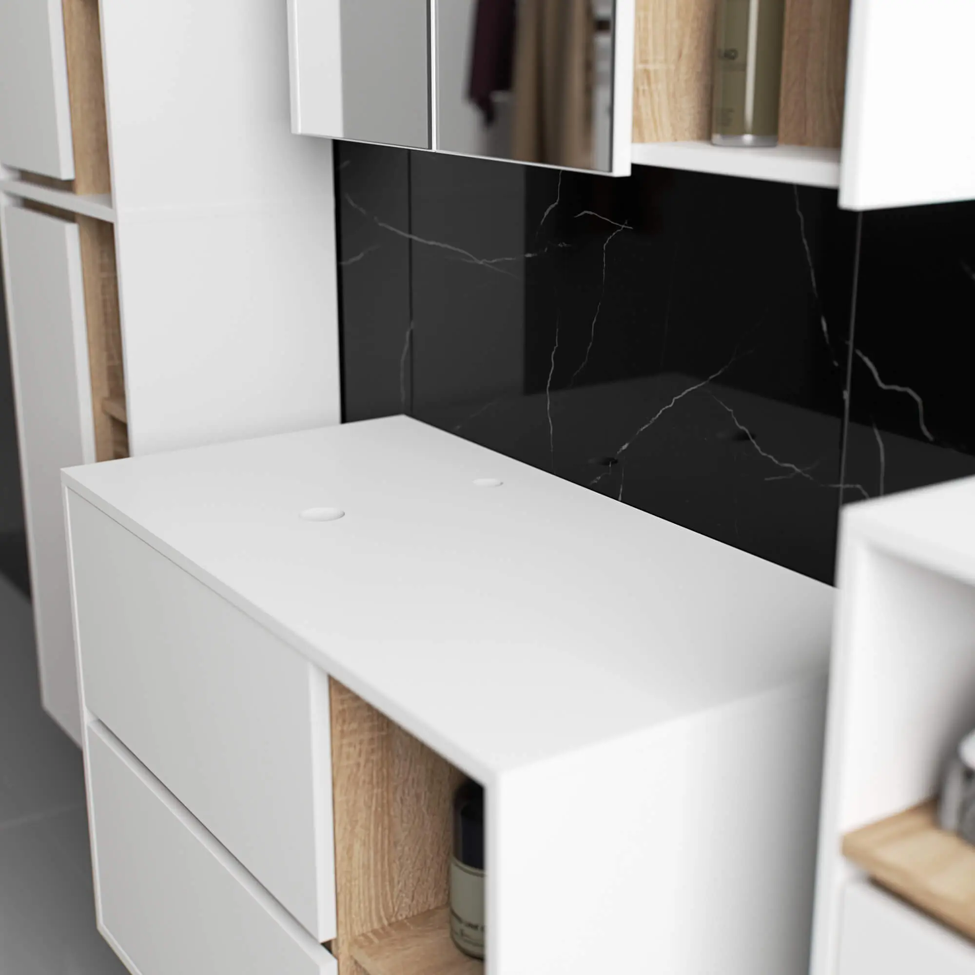 Dulap sub lavoar Akord Vami 90cm 2SZ 2P cu orificii pentru lavoar (White/Sonoma Oak)