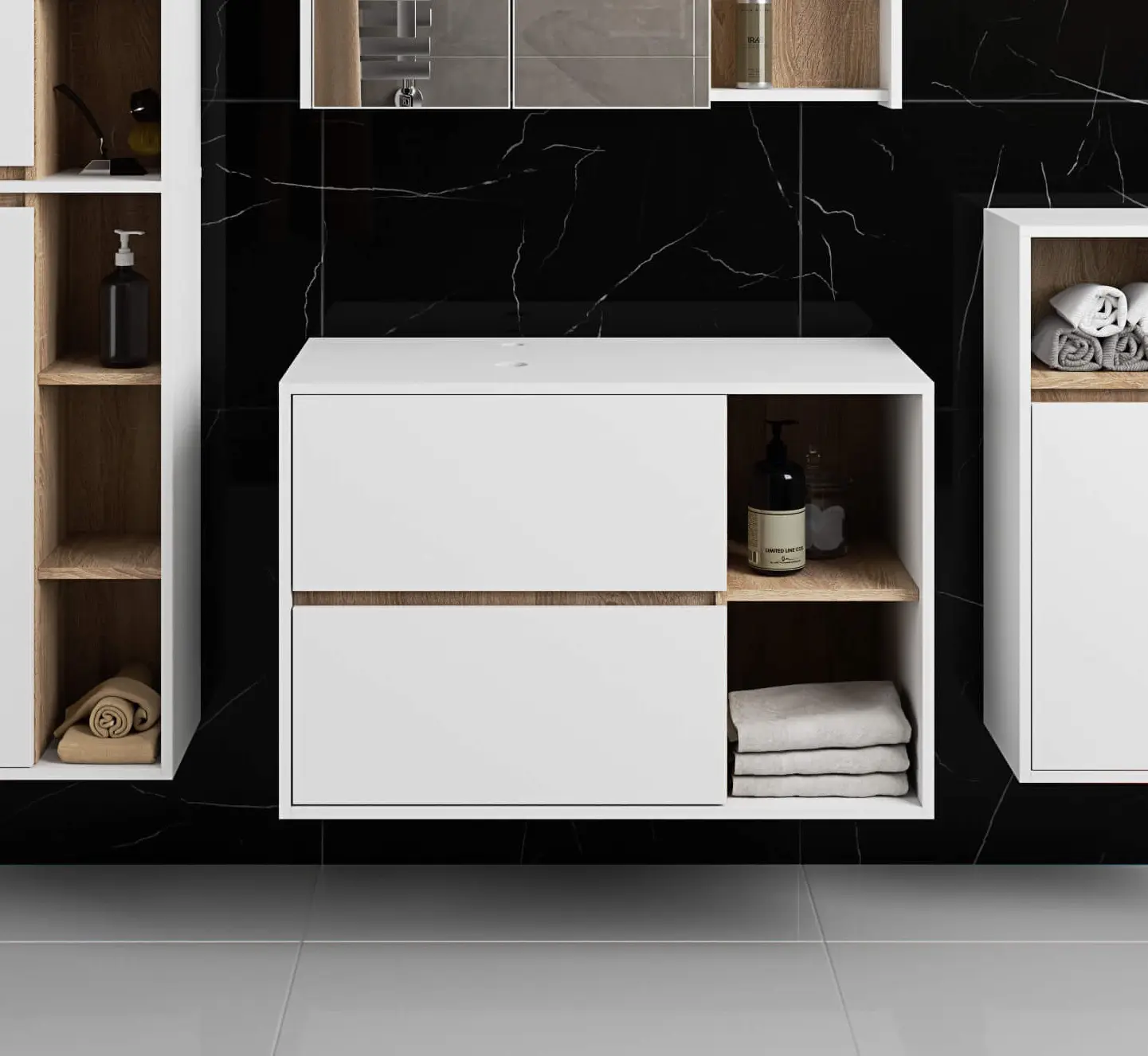 Dulap sub lavoar Akord Vami 90cm 2SZ 2P cu orificii pentru lavoar (White/Sonoma Oak)