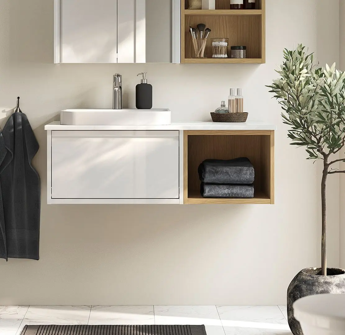 Набор тумбы с раковиной Ikea Angsjon/Backsjon 102x49x41 (Глянцевый Белый/Дуб/Белый Мрамор)