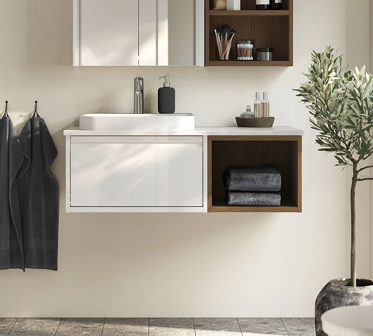 Набор тумбы с раковиной Ikea Angsjon/Backsjon 102x49x41 (Глянцевый Белый/Коричневый Дуб/Белый Мрамор)