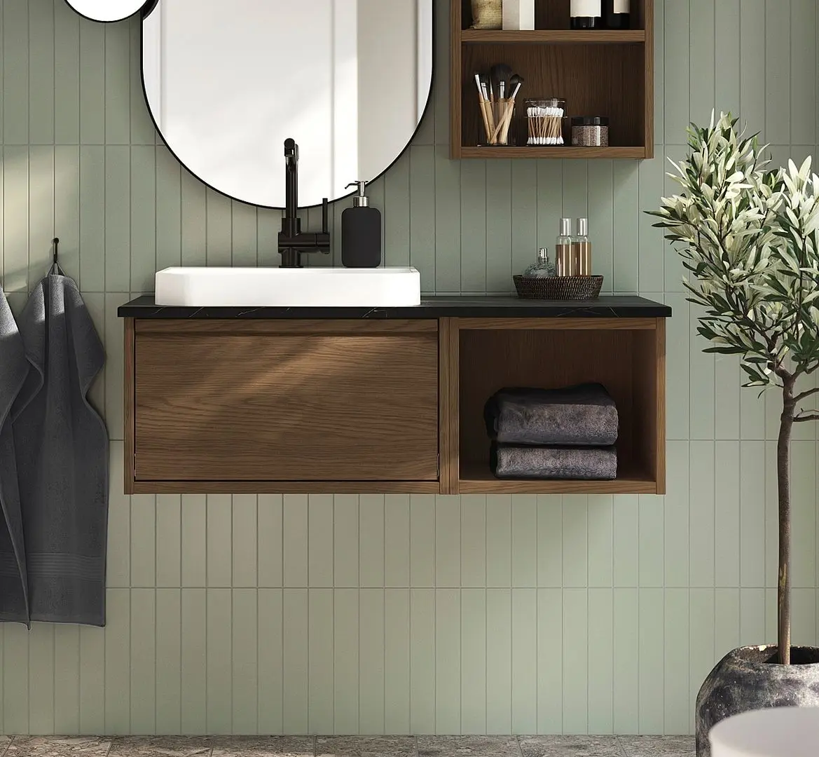 Набор тумбы с раковиной Ikea Angsjon/Backsjon 102x49x41 (Имитация Коричневого Дуба/Имитация Черного Мрамора)