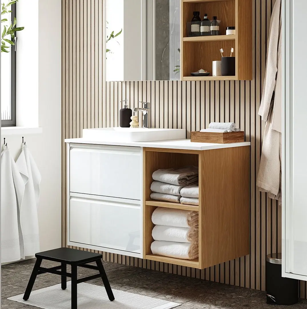 Набор тумбы с раковиной Ikea Angsjon/Backsjon 102x49x71 (Глянцевый Белый/Дуб/Белый Мрамор)