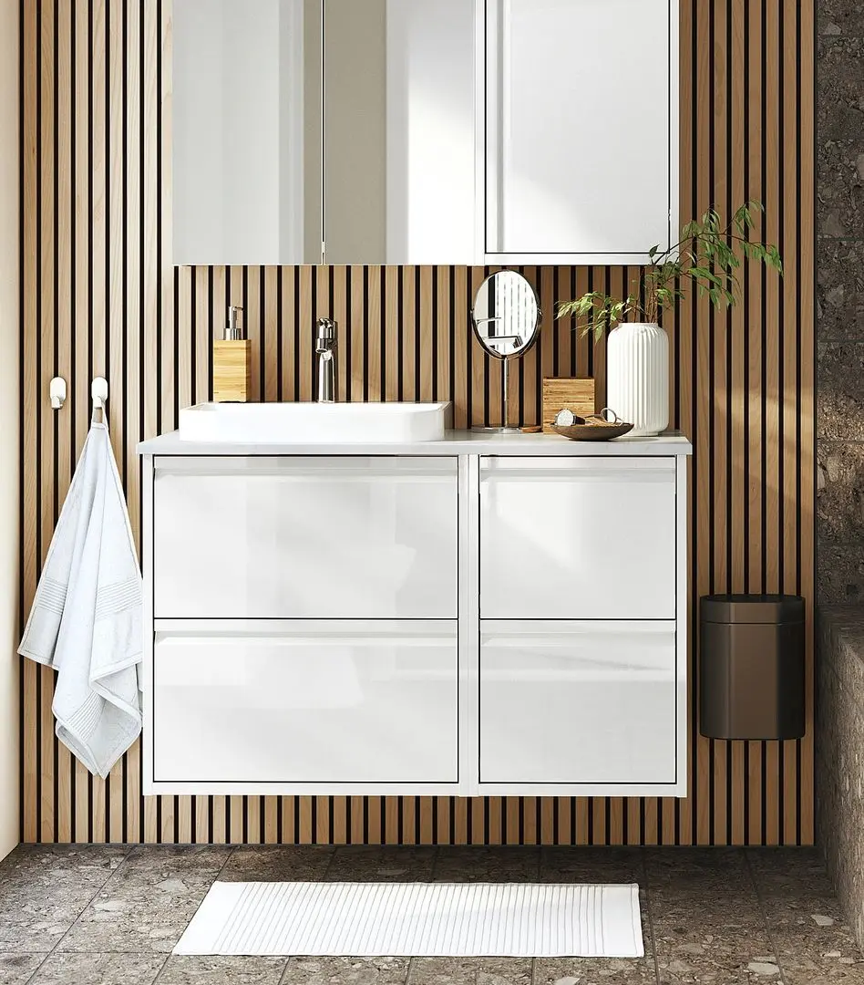 Набор тумбы с раковиной Ikea Angsjon/Backsjon 102x49x71 (Глянцевый Белый/Имитация Белого Мрамора)