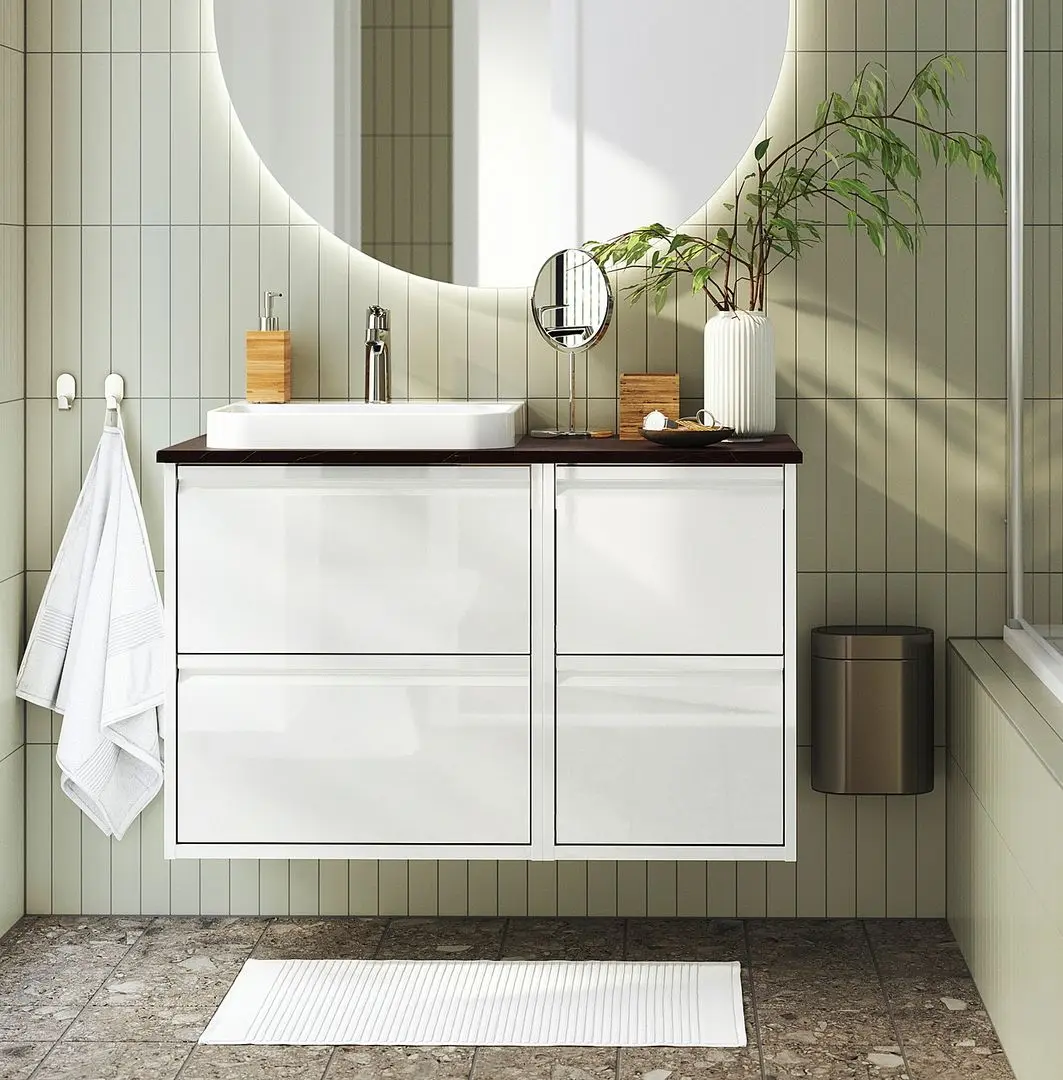 Набор тумбы с раковиной Ikea Angsjon/Backsjon 102x49x71 (Глянцевый Белый/Имитация Черного Мрамора)