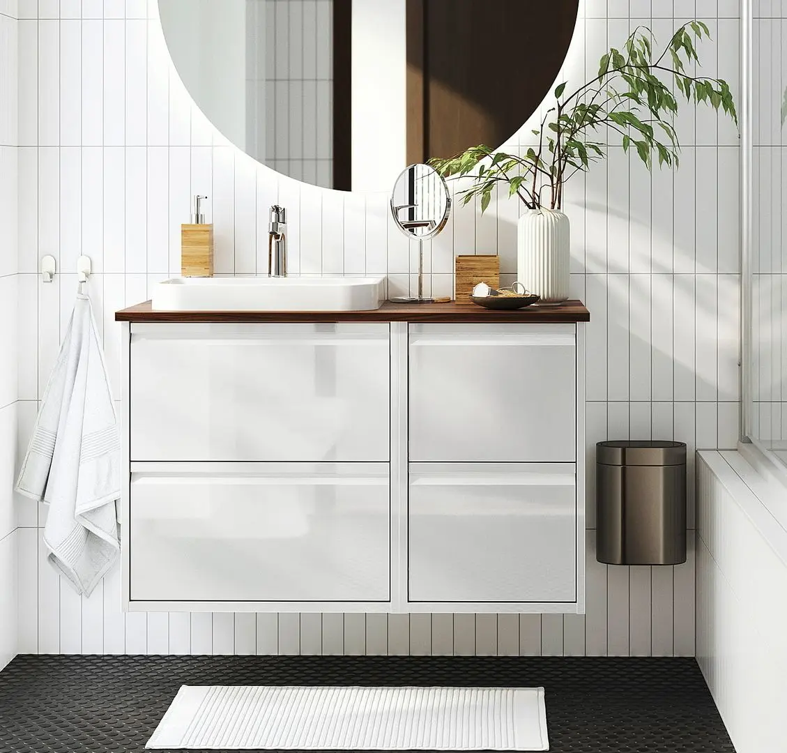 Набор тумбы с раковиной Ikea Angsjon/Backsjon 102x49x71 (Глянцевый Белый/Имитация Ореха)