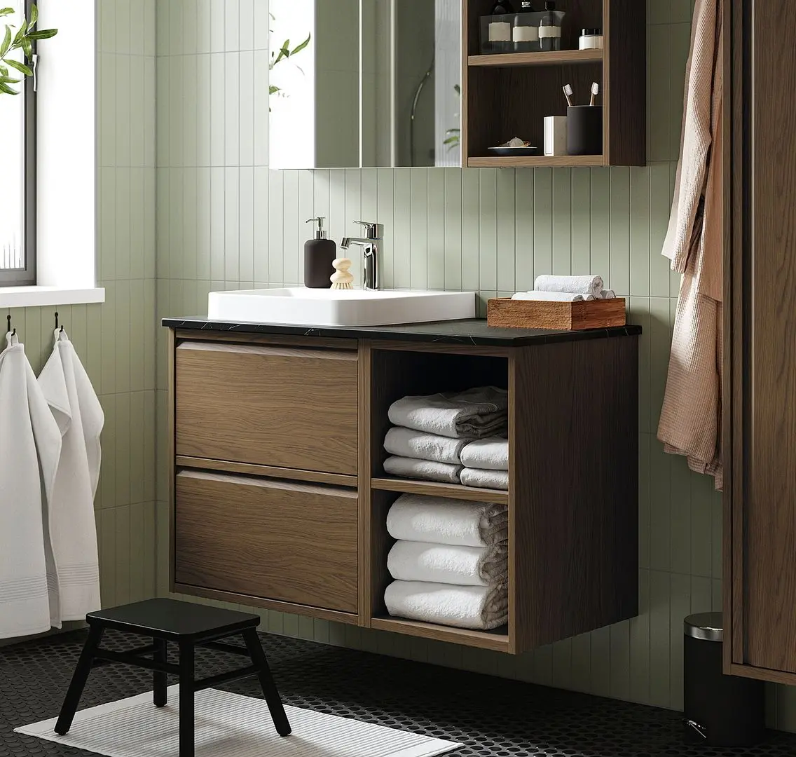 Набор тумбы с раковиной Ikea Angsjon/Backsjon 102x49x71 (Имитация Коричневого Дуба/Имитация Черного Мрамора)