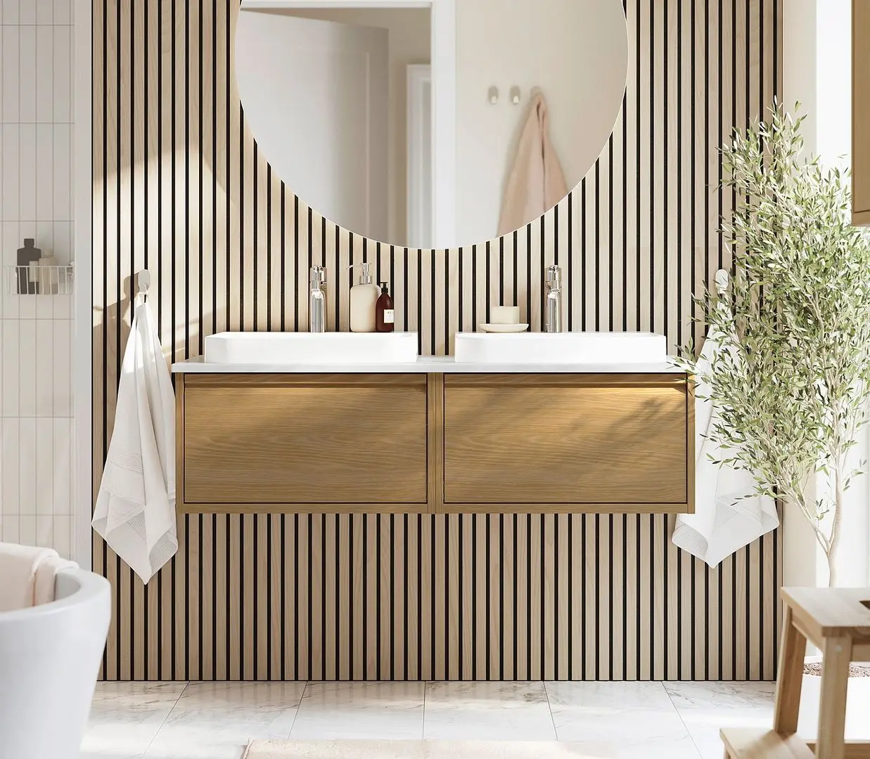 Набор тумбы с раковиной Ikea Angsjon/Backsjon 122x49x41 (Глянцевый Белый/Бамбук)