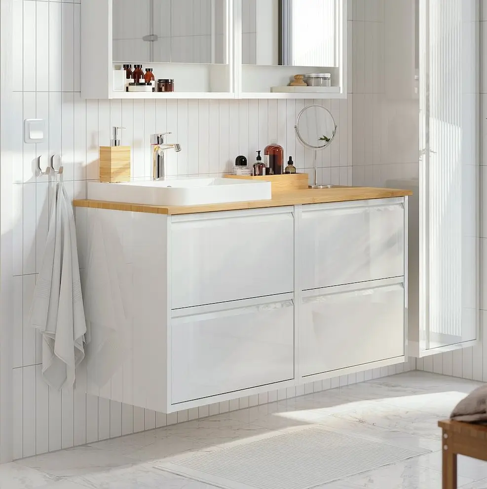 Набор тумбы с раковиной Ikea Angsjon/Backsjon 122x49x71 (Глянцевый Белый/Бамбук)