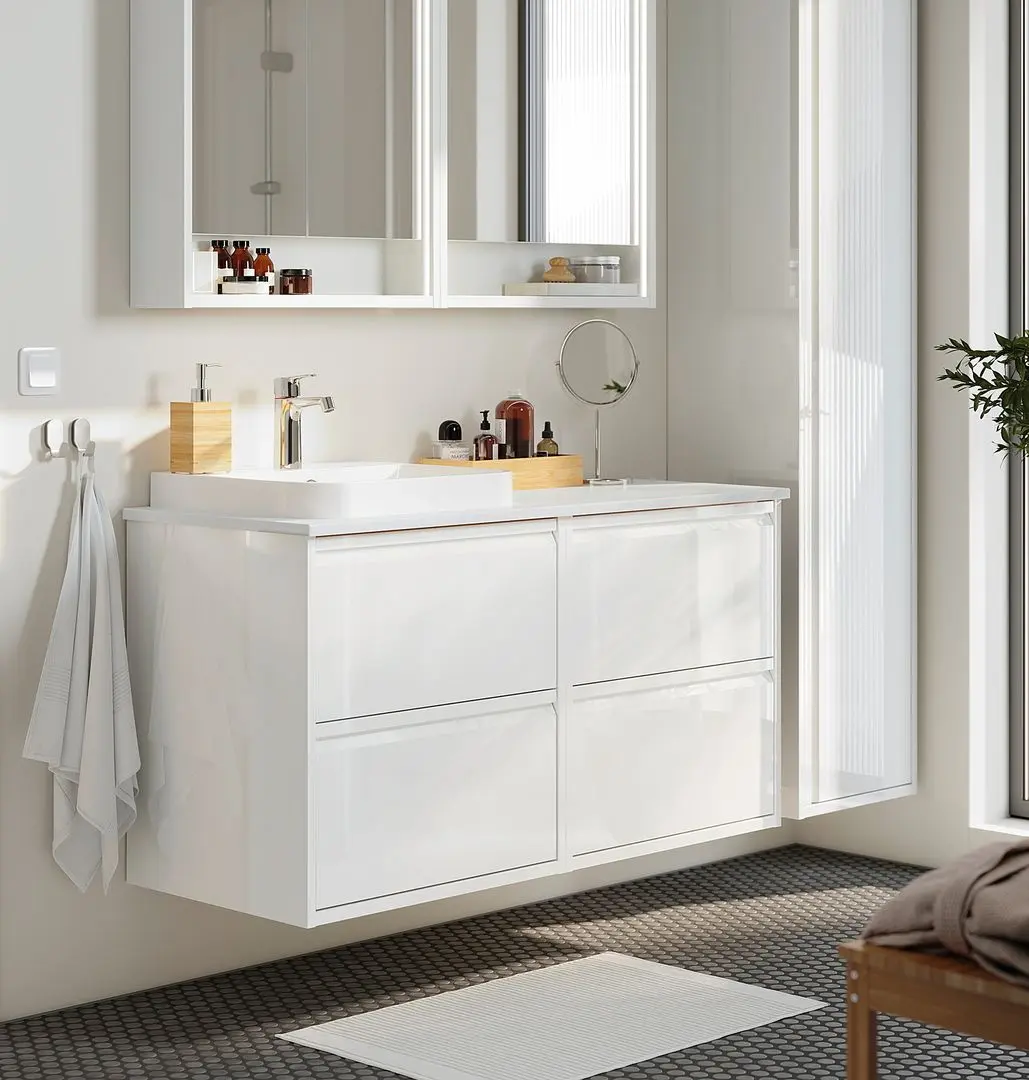 Набор тумбы с раковиной Ikea Angsjon/Backsjon 122x49x71 (Глянцевый Белый/Имитация Белого Мрамора)