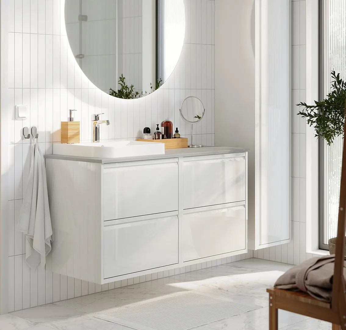 Set tumba cu lavoar Ikea Angsjon/Backsjon 122x49x71 (Alb Lucios/Aspect Piatra)