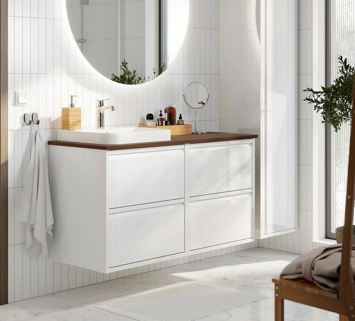 Набор тумбы с раковиной Ikea Angsjon/Backsjon 122x49x71 (Глянцевый Белый/Имитация Ореха)