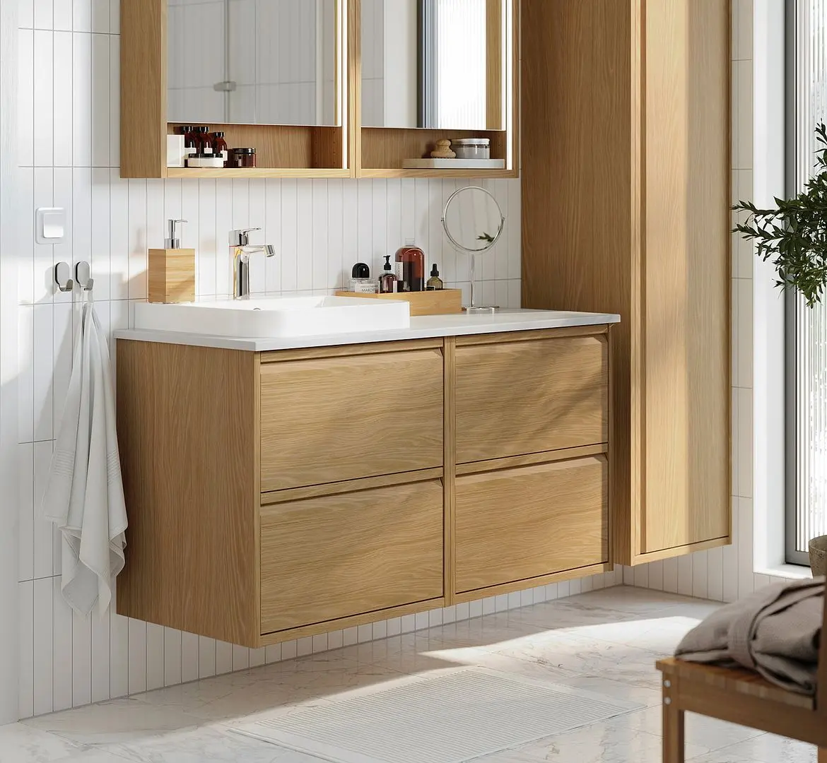 Набор тумбы с раковиной Ikea Angsjon/Backsjon 122x49x71 (Имитация Дуба/Имитация Белого Мрамора)