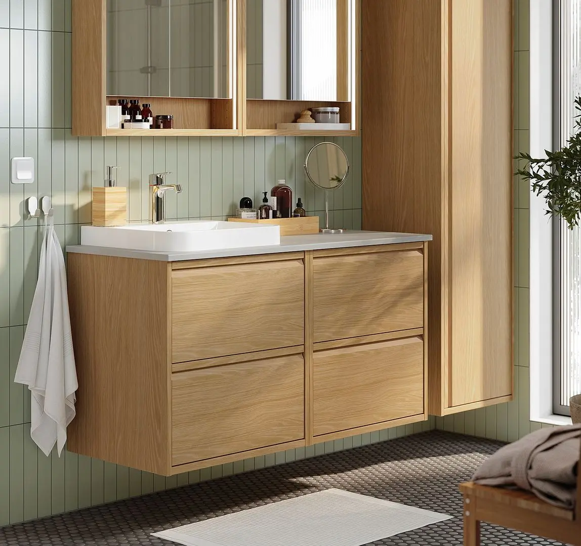 Set tumba cu lavoar Ikea Angsjon/Backsjon 122x49x71 (Aspect Stejar/Aspect Piatra Gri)