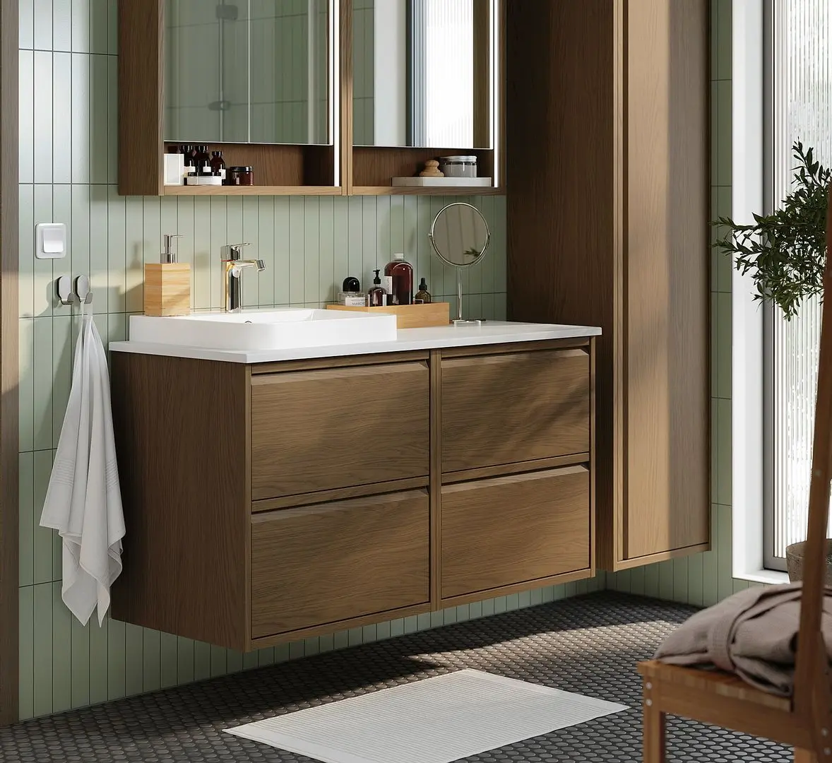 Набор тумбы с раковиной Ikea Angsjon/Backsjon 122x49x71 (Имитация Коричневого Дуба/Имитация Белого Мрамора)