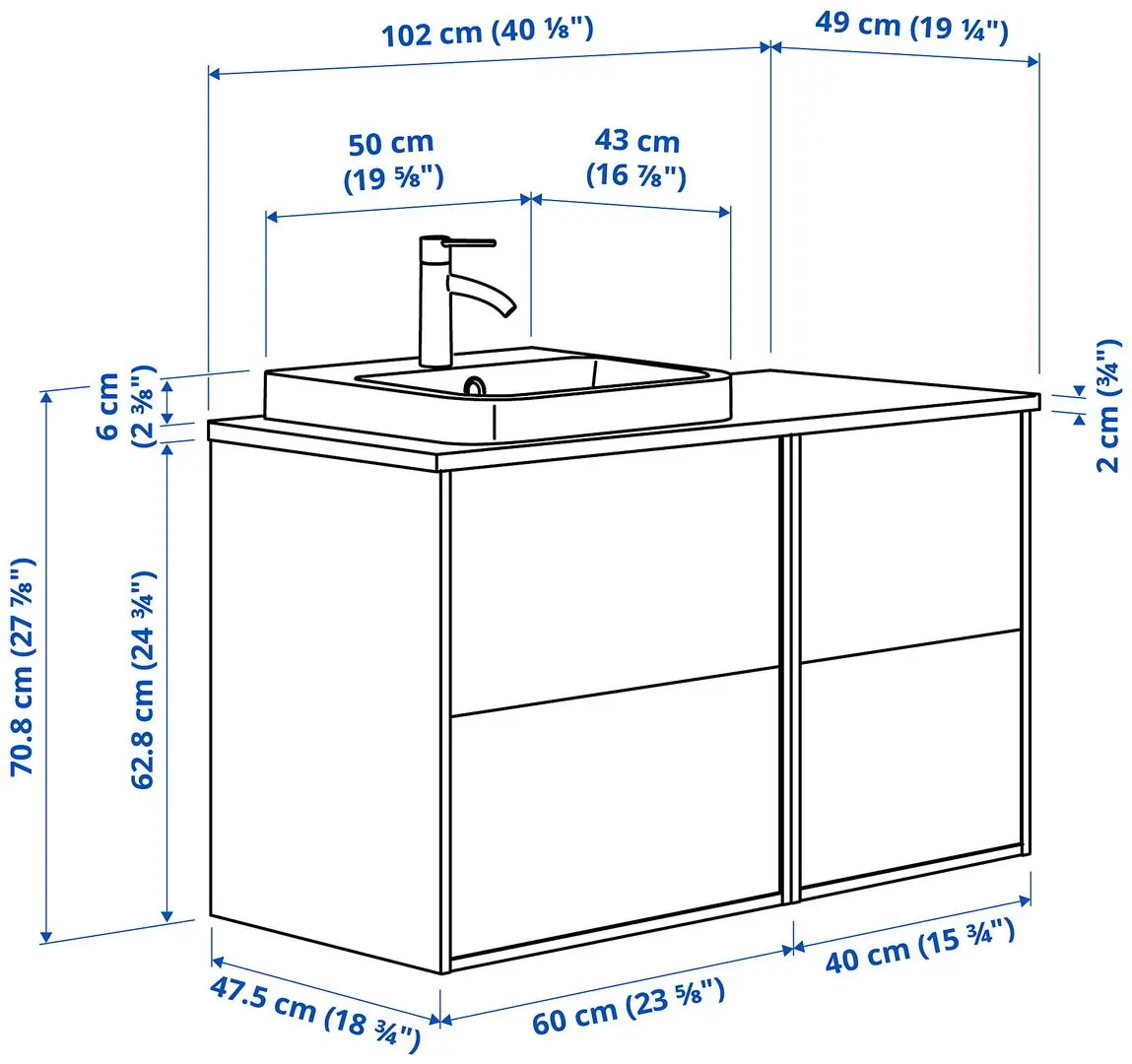 Набор тумбы с раковиной Ikea Angsjon/Backsjon 4 ящика 102x49x71 (Имитация Дуба/Имитация Белого Мрамора) - 10