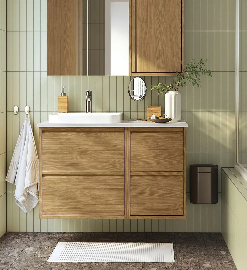 Набор тумбы с раковиной Ikea Angsjon/Backsjon 4 ящика 102x49x71 (Имитация Дуба/Имитация Белого Мрамора)