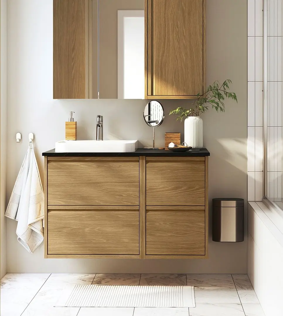 Набор тумбы с раковиной Ikea Angsjon/Backsjon 4 ящика 102x49x71 (Имитация Дуба/Имитация Черного Мрамора)