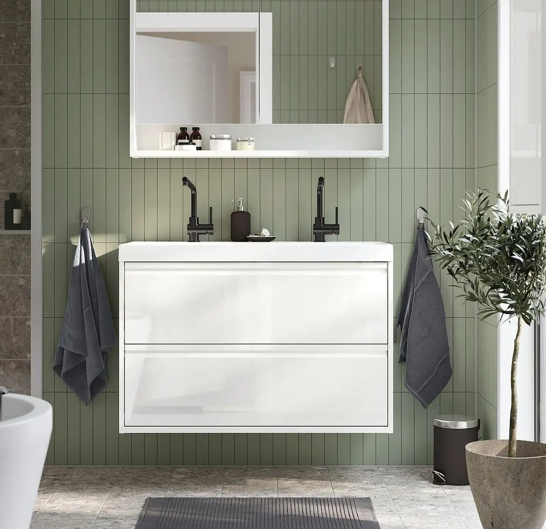 Набор тумбы с раковиной Ikea Angsjon/Backsjon/Lundskar с ящиками 100x48x69 (Блестящий Белый)