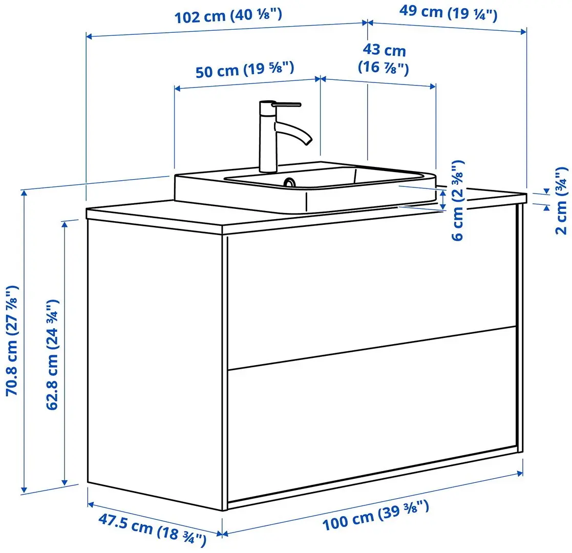 Набор тумбы с раковиной Ikea Angsjon/Backsjon с ящиками 102x49x71 (Глянцевый Белый/Имитация Белого Мрамора) - 10