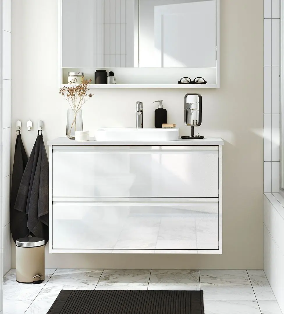 Набор тумбы с раковиной Ikea Angsjon/Backsjon с ящиками 102x49x71 (Глянцевый Белый/Имитация Белого Мрамора)