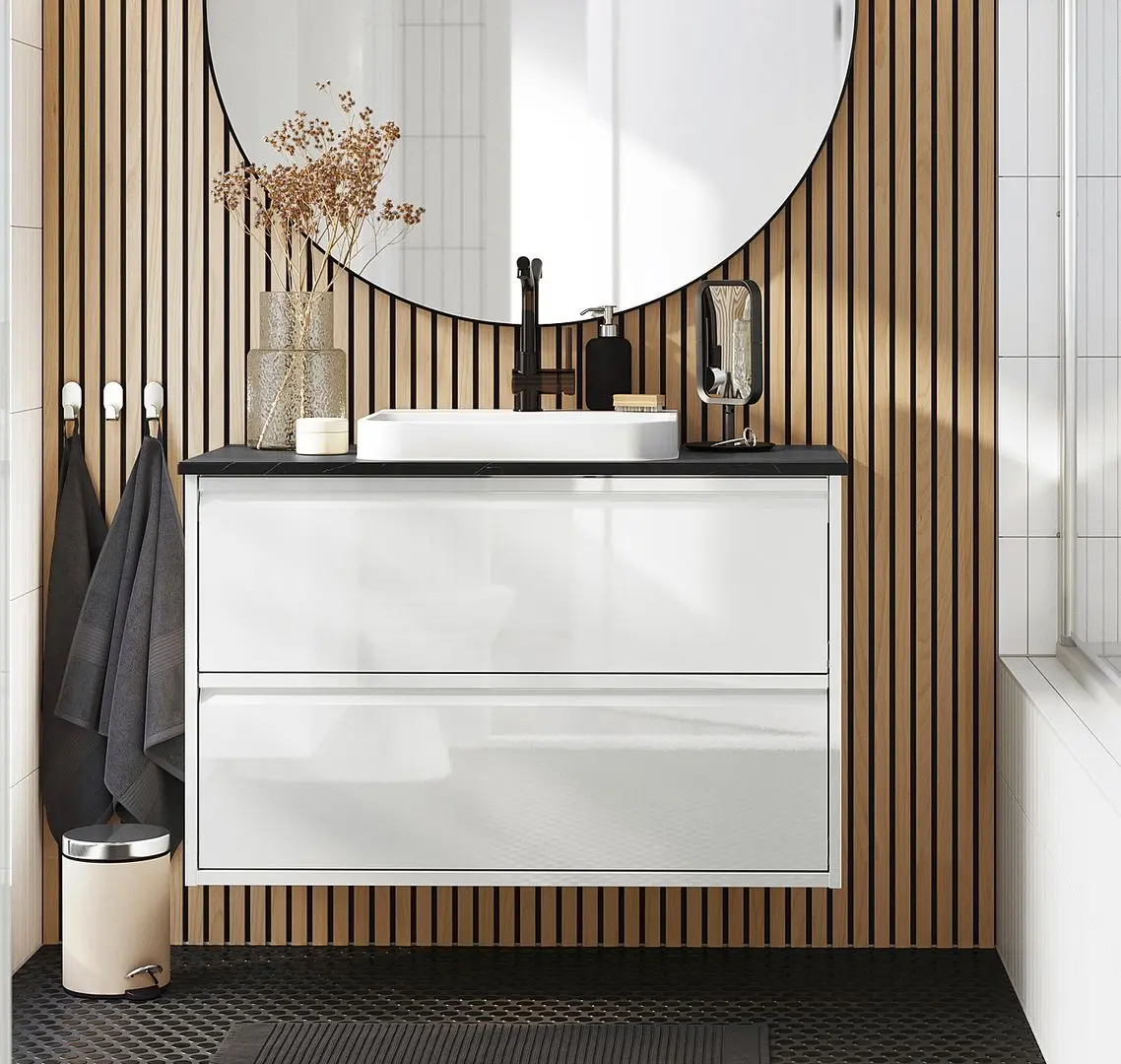 Набор тумбы с раковиной Ikea Angsjon/Backsjon с ящиками 102x49x71 (Глянцевый Белый/Имитация Черного Мрамора)