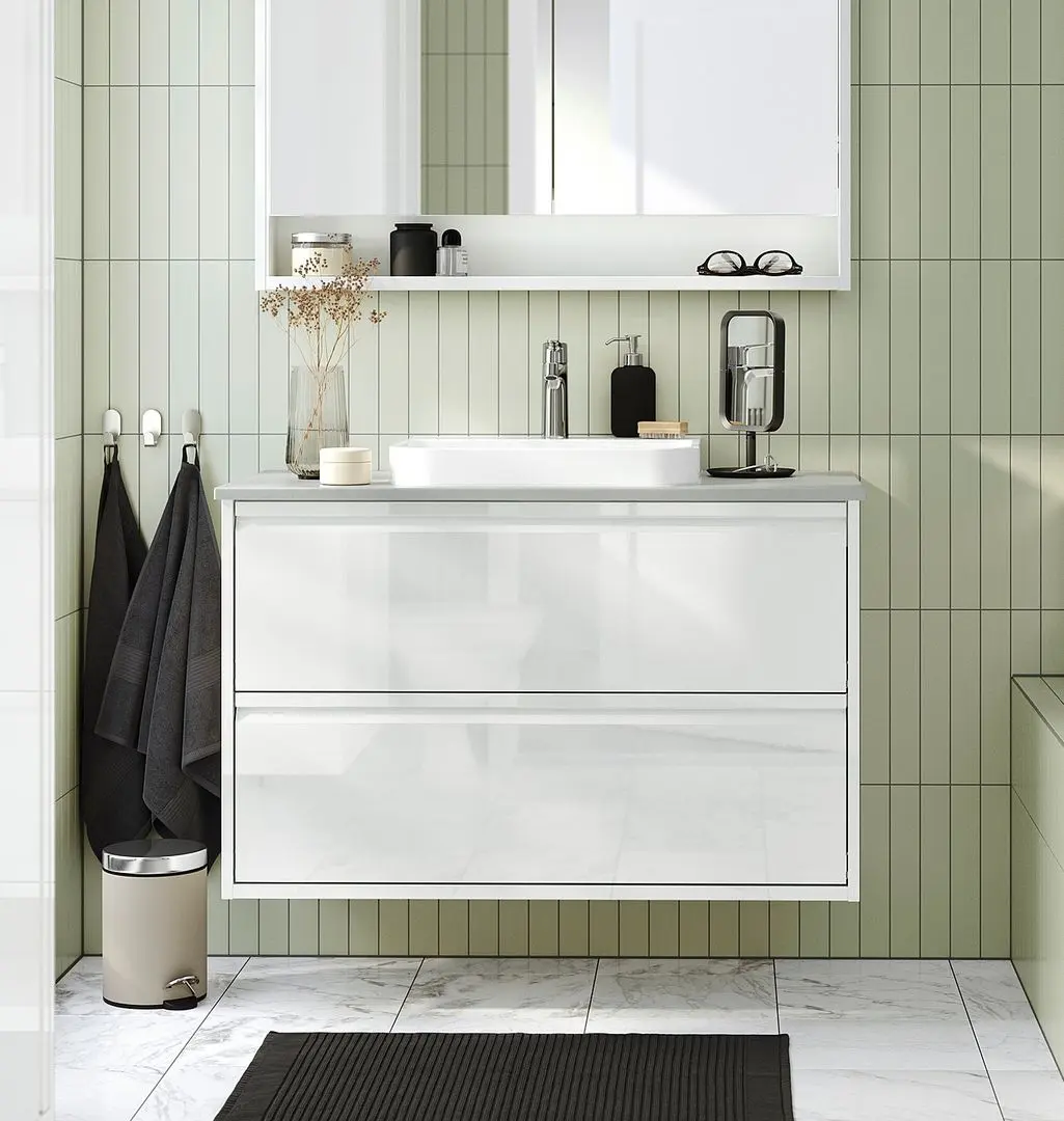 Set tumba cu lavoar Ikea Angsjon/Backsjon cu sertare 102x49x71 (Alb Lucios/Aspect Piatra)