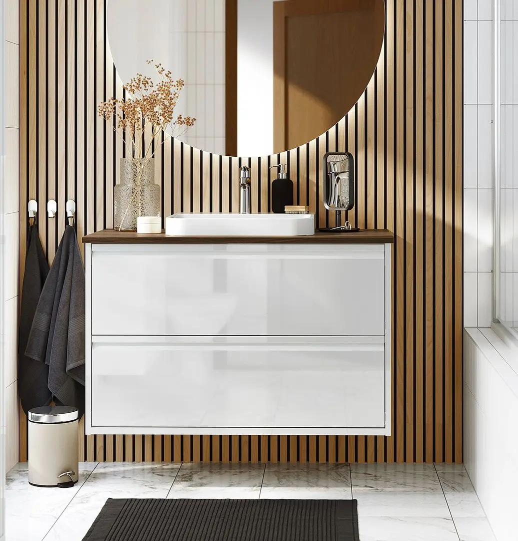 Набор тумбы с раковиной Ikea Angsjon/Backsjon с ящиками 102x49x71 (Глянцевый Белый/Имитация Ореха)