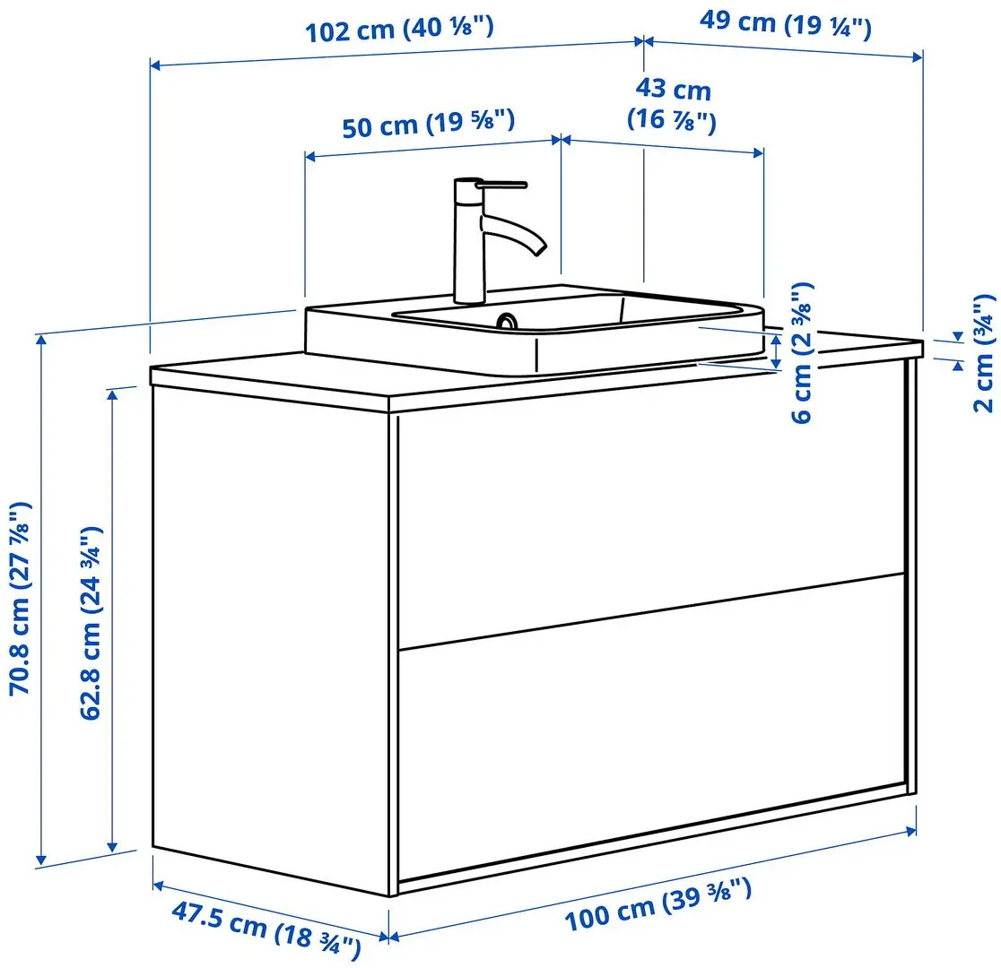 Набор тумбы с раковиной Ikea Angsjon/Backsjon с ящиками 102x49x71 (Имитация Дуба/Имитация Белого Мрамора) - 10