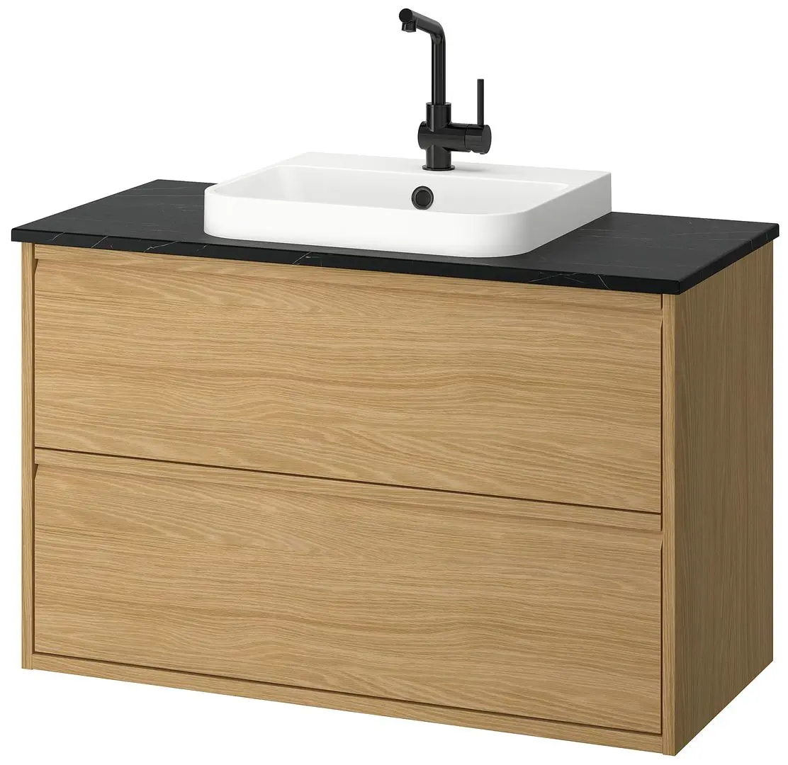 Набор тумбы с раковиной Ikea Angsjon/Backsjon с ящиками 102x49x71 (Имитация Дуба/Имитация Черного Мрамора) - 2