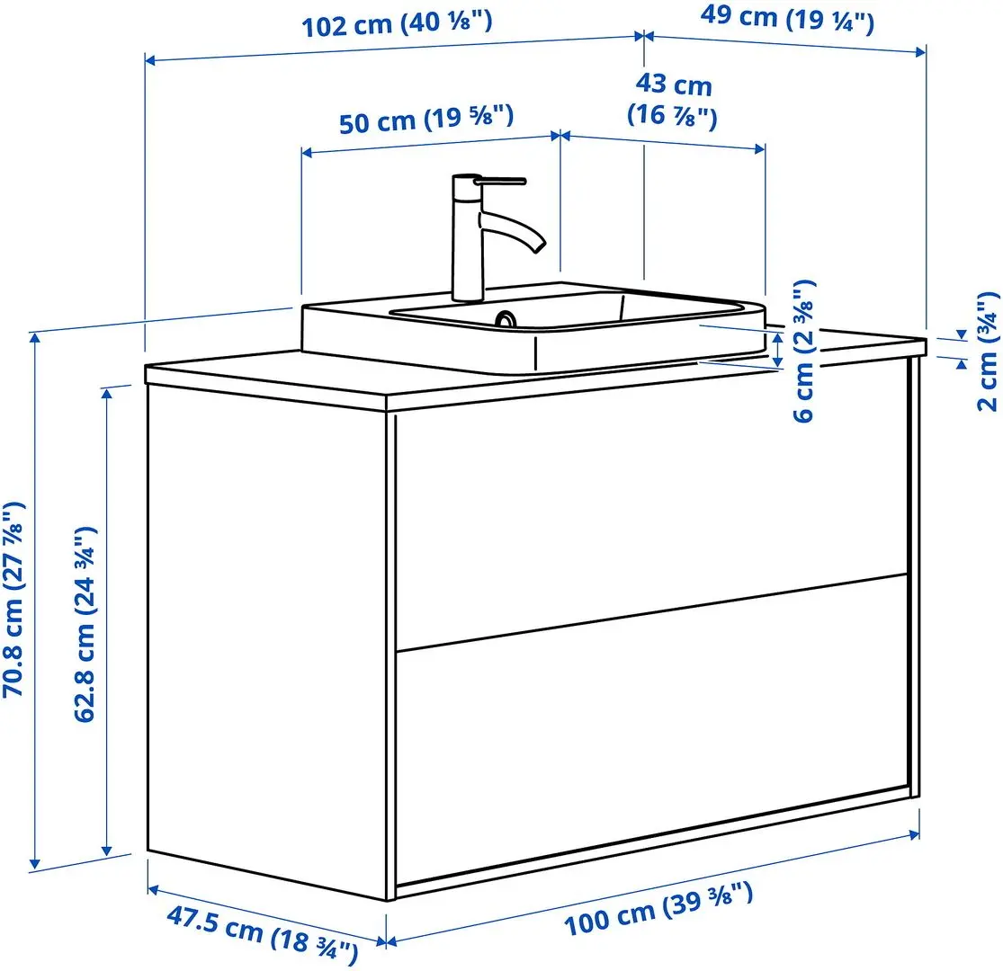 Набор тумбы с раковиной Ikea Angsjon/Backsjon с ящиками 102x49x71 (Имитация Дуба/Имитация Черного Мрамора) - 10