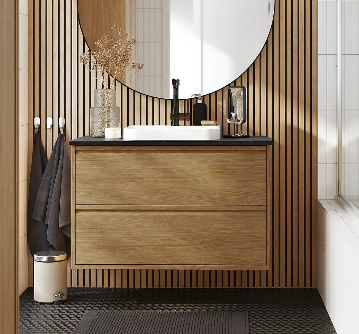 Набор тумбы с раковиной Ikea Angsjon/Backsjon с ящиками 102x49x71 (Имитация Дуба/Имитация Черного Мрамора)